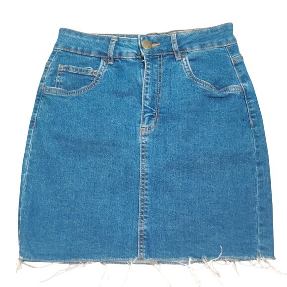 Cotton On 4 Blue Raw Hem Denim Mini Skirt Distressed Fray Casual Y2K Style VSCO - Picture 1 of 5